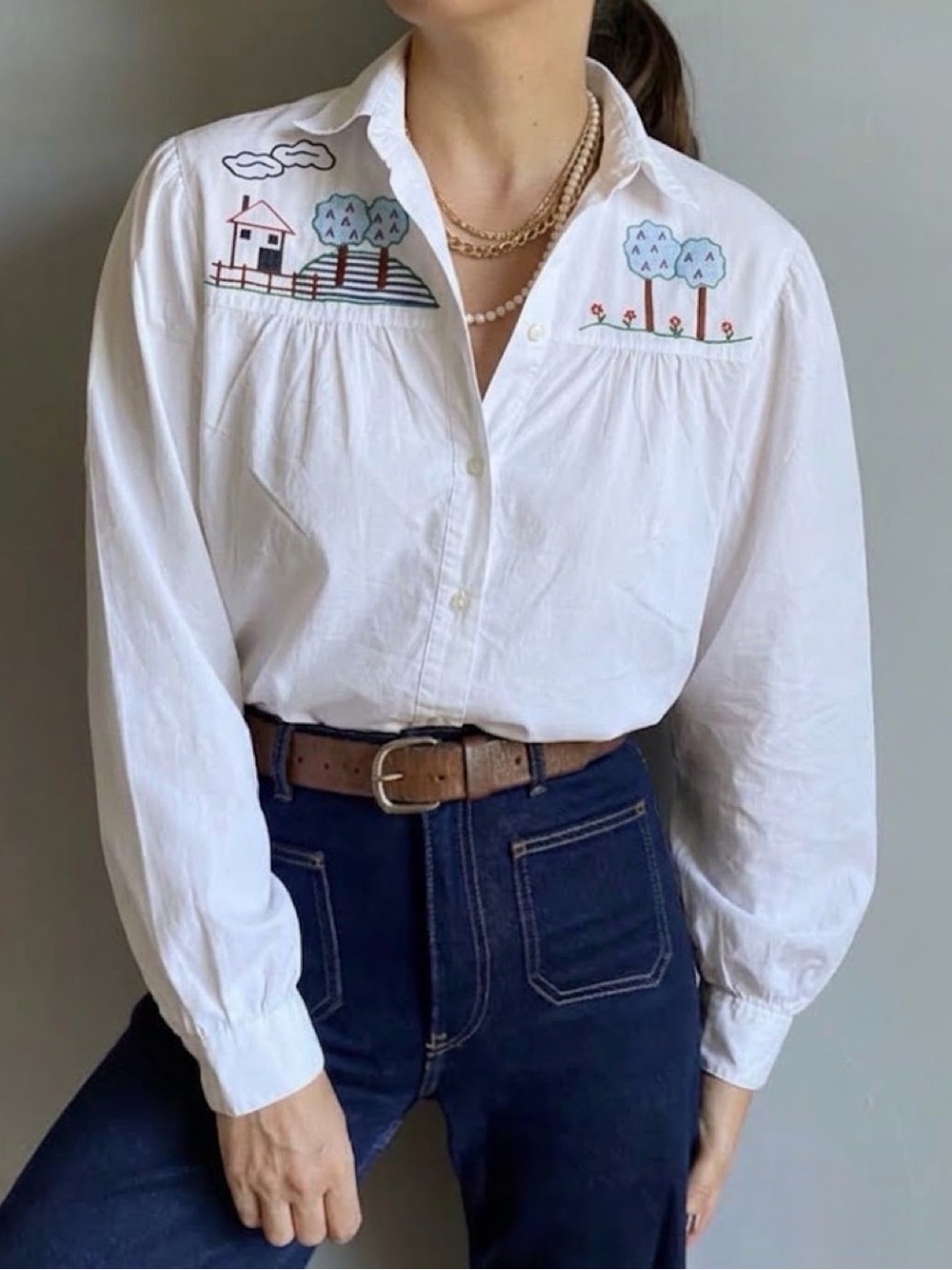 Vintage United Colors of Benneton White Embroidered Button-Up Top